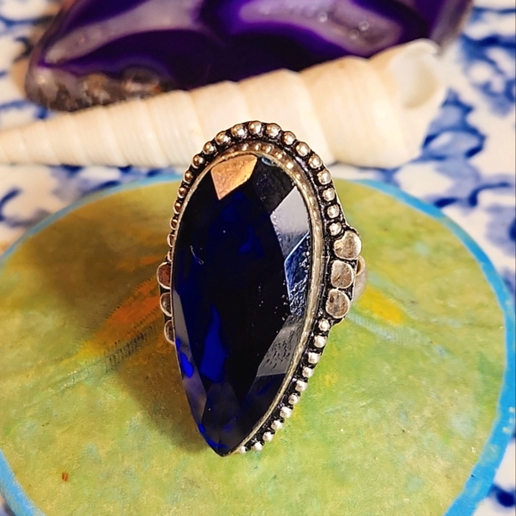 S-7 3/4 Stylish Dk Blue Pear-Shaped,Faceted Faux Sapphire Ring Made Jaipur,India - Picture 3 of 5